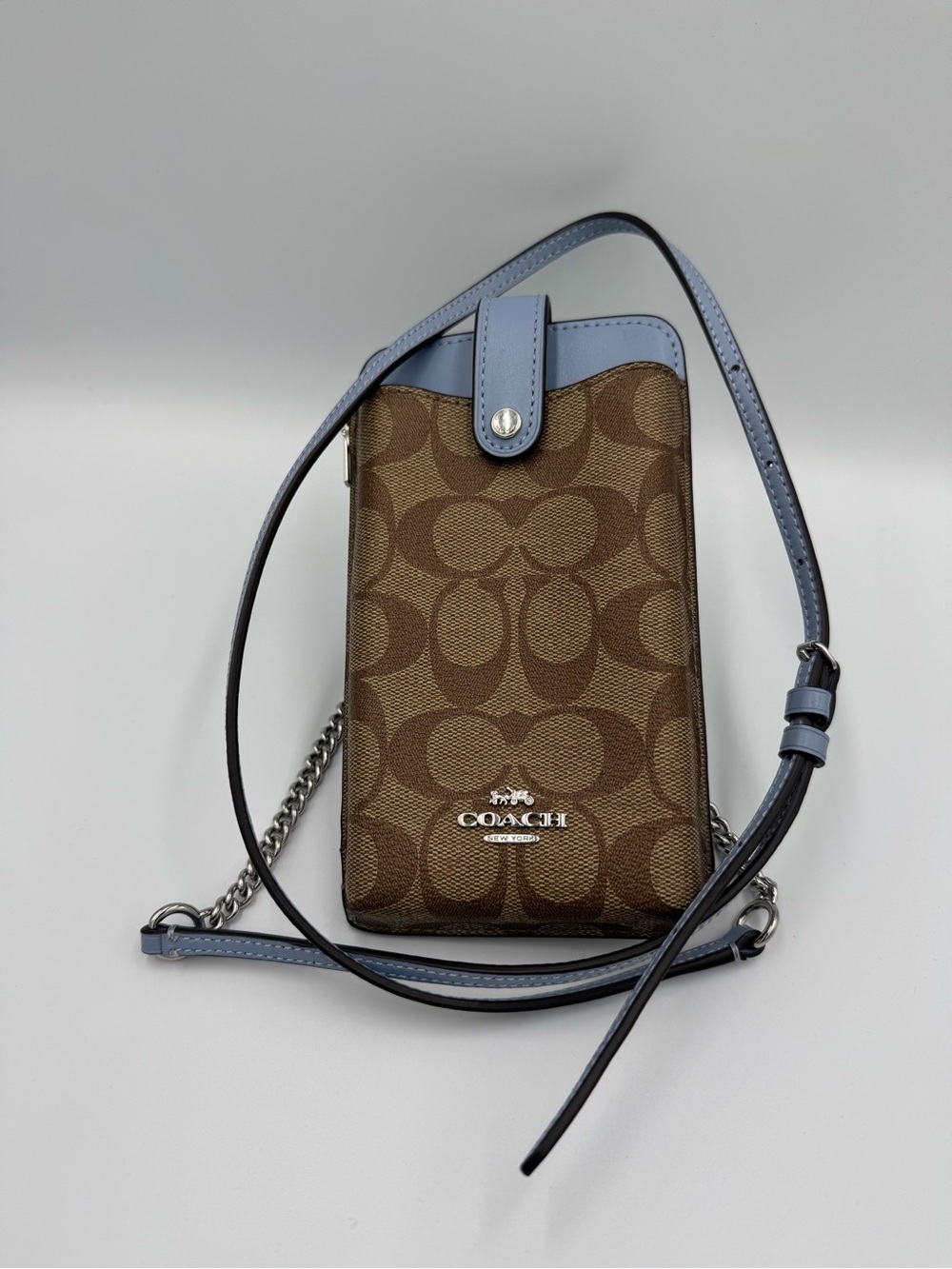 COACH Brown Signature Logo Print Crossbody Bag, Silver Hardware, Baby Blue 🩵